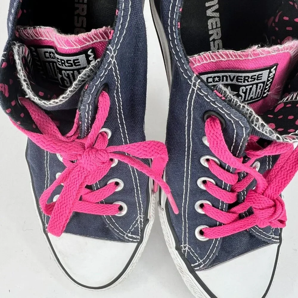 Converse Unisex 136568F Navy Blue Pink Hearts Double Tongue Size 7M 9W Sneakers